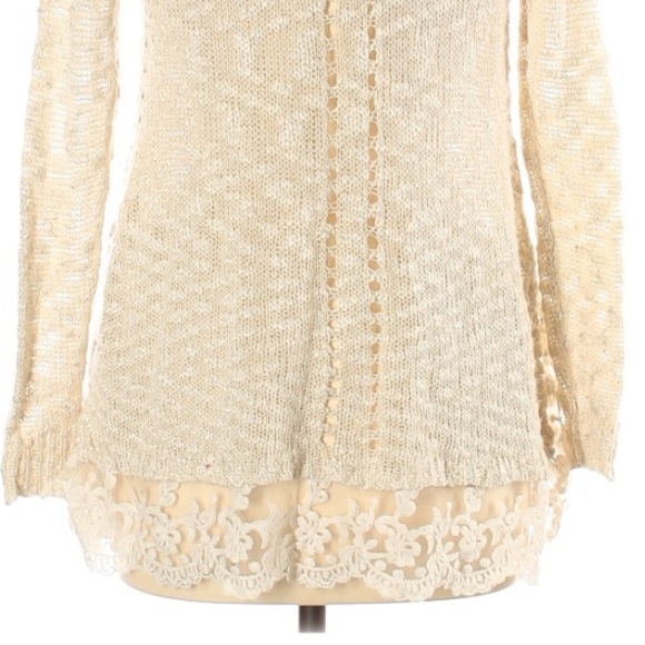 Maxumi size M ivory tan BOHO slubbed knit A-line lace bottom pullover sweater - Picture 6 of 13